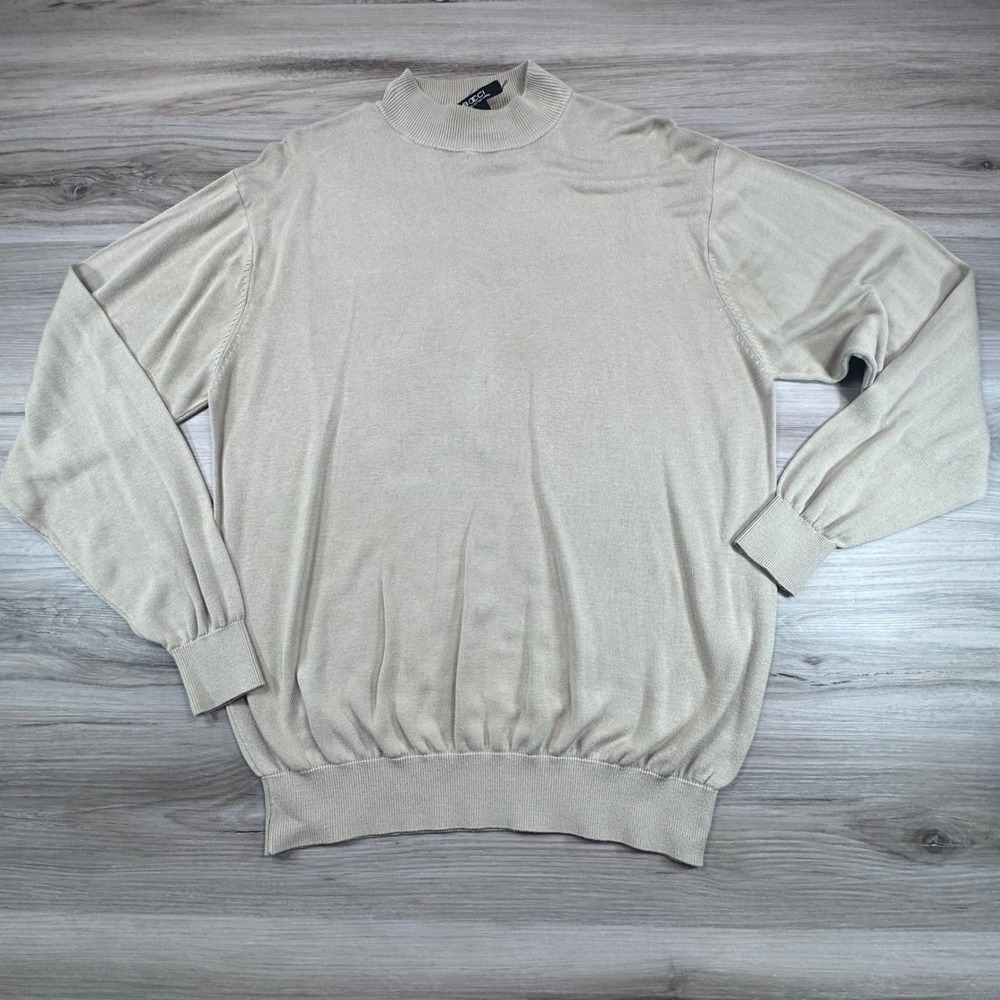 Bocci‎ Italian Collection Men Large Tan Beige 100% Silk Mock Neck Sweater Knit